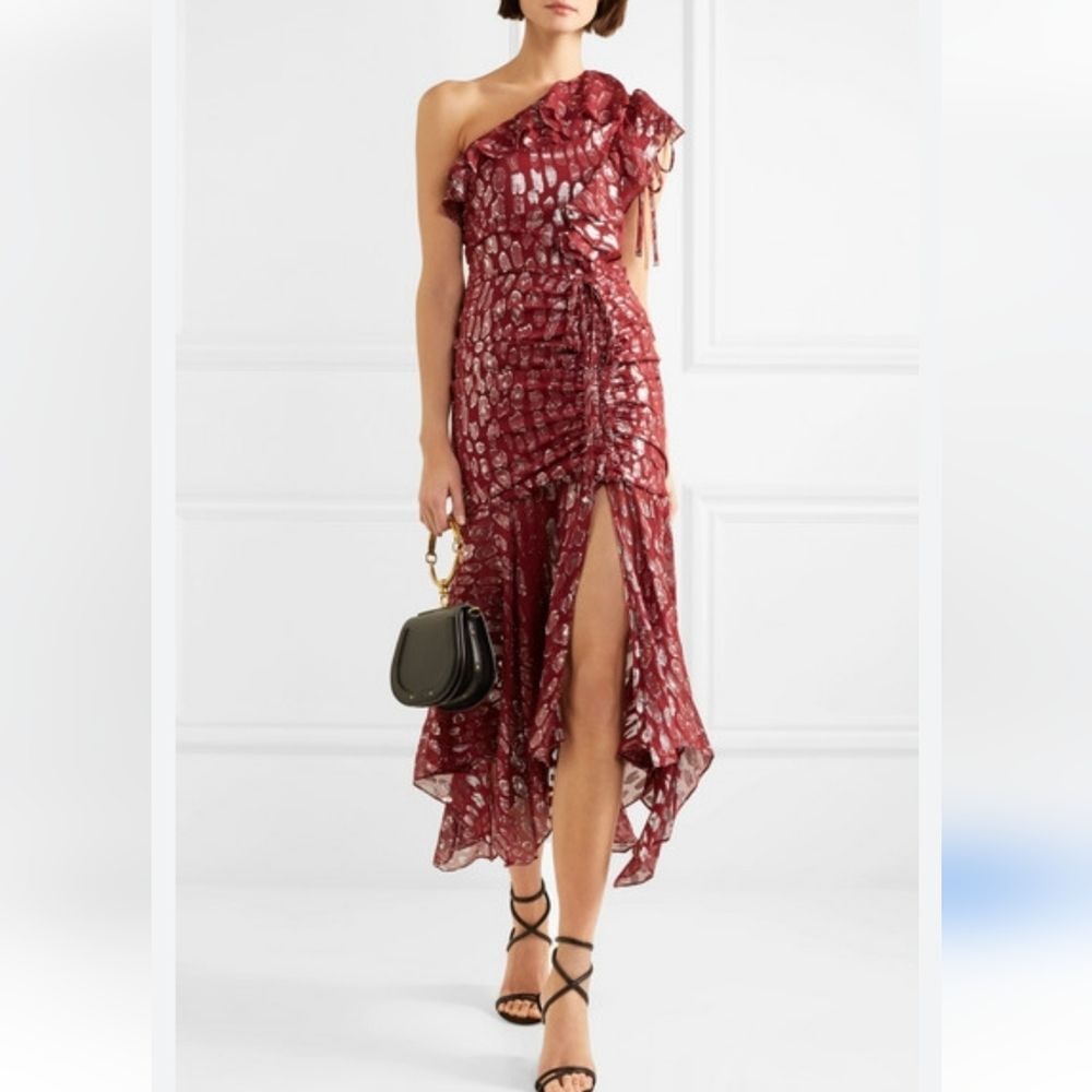 Veronica Beard Silk Metallic One Shoulder Ruffle Asymmetric Midi Dress Size 6
